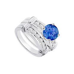 Sapphire & Diamond Engagement Ring With Wedding Band Sets 14K White Gold  0.90 CT TGW