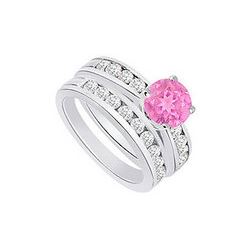 Pink Sapphire & Diamond Engagement Ring With Wedding Band Sets 14K White Gold  1.25 CT TGW