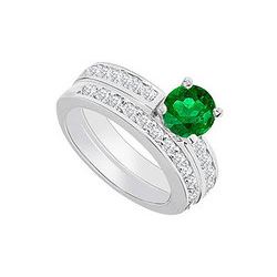 14K White Gold : Emerald And Diamond Engagement Ring With Wedding Band Set 1.30 CT TGW