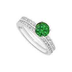 Emerald And Diamond Engagement Ring With Wedding Band Set : 14K White Gold - 0.75 CT TGW