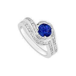 Sapphire And Diamond Engagement Ring With Wedding Band Set : 14K White Gold - 1.00 CT TGW