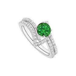 Emerald And Diamond Engagement Ring With Wedding Band Set : 14K White Gold - 1.00 CT TGW