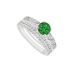 Emerald And Diamond Engagement Ring With Wedding Band Set : 14K White Gold - 1.00 CT TGW