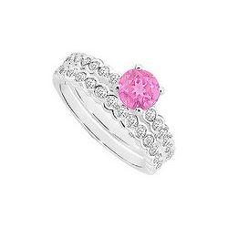 Pink Sapphire And Diamond Engagement Ring With Wedding Band Set : 14K White Gold - 1.00 CT TGW