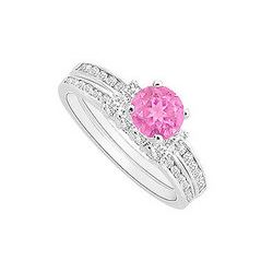 Pink Sapphire And Diamond Engagement Ring With Wedding Band Set : 14K White Gold - 0.80 CT TGW