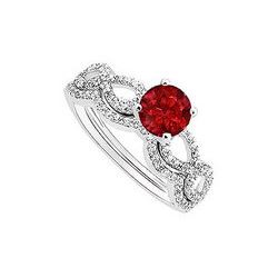 Ruby And Diamond Engagement Ring With Wedding Band Set : 14K White Gold - 0.65 CT TGW