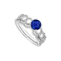 Sapphire And Diamond Engagement Ring With Wedding Band Set : 14K White Gold - 0.75 CT TG