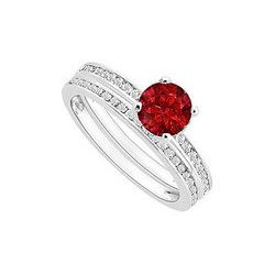 Ruby And Diamond Engagement Ring With Wedding Band Set : 14K White Gold - 0.75 CT TGW