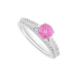 Pink Sapphire And Diamond Engagement Ring With Wedding Band Set : 14K White Gold - 0.75 CT TGW