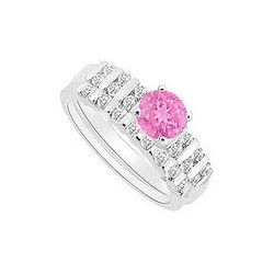 Pink Sapphire And Diamond Engagement Ring With Wedding Band Set : 14K White Gold - 0.65 CT TGW