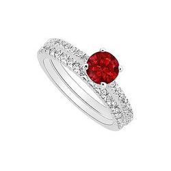 Ruby And Diamond Engagement Ring With Wedding Band Set : 14K White Gold - 0.75 CT TGW