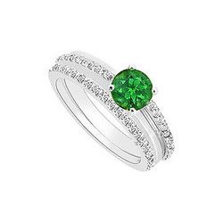 Emerald And Diamond Engagement Ring With Wedding Band Set : 14K White Gold - 0.75 CT TGW