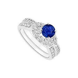 Sapphire And Diamond Engagement Ring With Wedding Band Set : 14K White Gold - 0.75 CT TGW