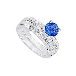 14K White Gold : Sapphire And Diamond Engagement Ring With Wedding Band Set 0.75 CT TGW