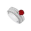 Image 1 : 14K White Gold : Ruby And Diamond Engagement Ring With Wedding Band Set 1.50 CT TGW
