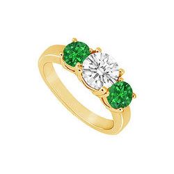 Three Stone Emerald And Diamond Ring : 14K Yellow Gold - 1.50 CT TGW