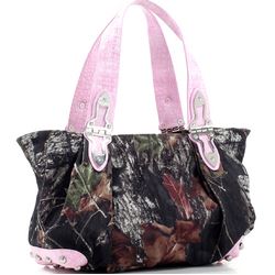 Camouflage Shoulder Bag With Hinge Handles & Croco Trim - Camouflage/ Coffee