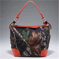 Camouflage Tote Bag W/ Croco Embossed Trim & Shoulder Strap - Camouflage/ Orange