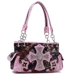 Mossy Oak Camouflage Shoulder Bag W/ Rhinestone Cross & Floral Trim