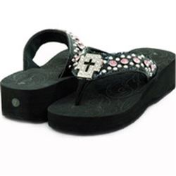 Women's Flip Flops W/ Cross Emblem & Rhinestones - Pink Rhinestones