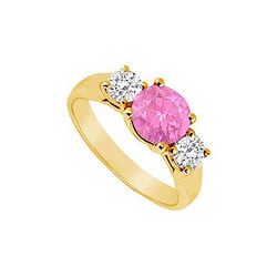 Three Stone Pink Sapphire And Diamond Ring : 14K Yellow Gold - 0.75 TGW