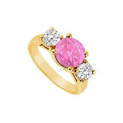 Three Stone Pink Sapphire And Diamond Ring : 14K Yellow Gold - 2.50 TGW