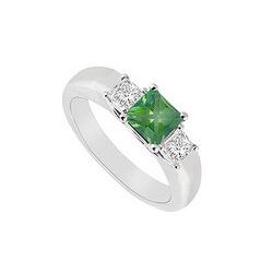 Three Stone Emerald And Diamond Ring : 14K White Gold - 0.33 CT TGW