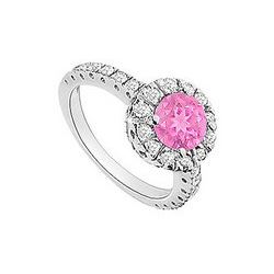 Pink Sapphire And Diamond Halo Engagement Ring : 14K White Gold - 1.30 CT TGW