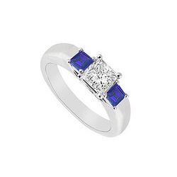 Three Stone Diamond And Sapphire Ring : 14K White Gold - 0.33 CT TGW