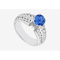 Natural Sapphire And Channel Set Diamond Engagement Ring 1.10 Carat TGW  In 14K White Gold