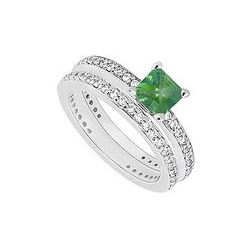 14K White Gold Princess Cut Emerald & Diamond Engagement Ring With Wedding Band Sets 1.00 CT TGW