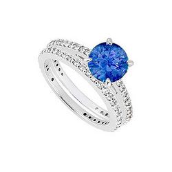 14K White Gold Blue Sapphire & Diamond Engagement Ring With Wedding Band Sets 1.25 CT TGW