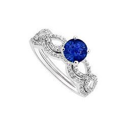 Sapphire And Diamond Engagement Ring With Wedding Band Set : 14K White Gold - 0.65 CT TGW