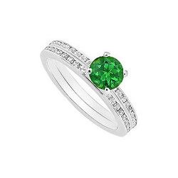 Emerald And Diamond Engagement Ring With Wedding Band Set : 14K White Gold - 0.75 CT TGW