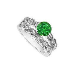 Emerald And Diamond Engagement Ring With Wedding Band Set : 14K White Gold - 0.50 CT TGW