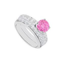 Pink Sapphire & Diamond Engagement Ring With Wedding Band Sets 14K White Gold  1.35 CT TGW