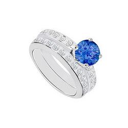 Sapphire & Diamond Engagement Ring With Wedding Band Sets 14K White Gold  1.35 CT TGW