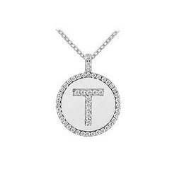 Diamond Initial T Disc Pendant : 14K White Gold - 0.50 CT TGW