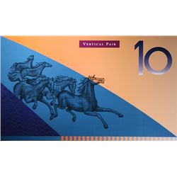 Australia, Ten Dollar Uncut Banknote Folder, Vertical Pair, Red & Blue Serials, 1997