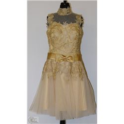 GOLD DRESS WITH BOW  AND EMBROIDERED FLOWER DESIGN