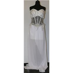 GRACE KARIN STRAPLESS WHITE SHEER DRESS WITH GEMS