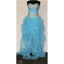SIZE 12 STRAPLESS BLUE RUFFLED DRESS WITH