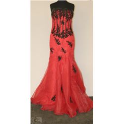 RED AND BLACK STRAPLESS EMBROIDERED GOWN
