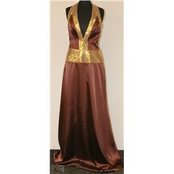 BROWN WITH GOLD SEQUINED HALTER TOP DRESS