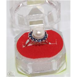 #33-GENUINE WHITE AKOYA PEARL/SAPPHIRE RING