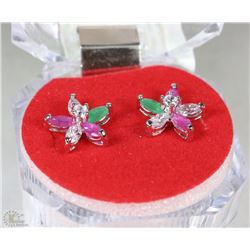 #32-NATURAL RUBY,EMERALD.CZ EARRINGS .925 SOLID SILVER