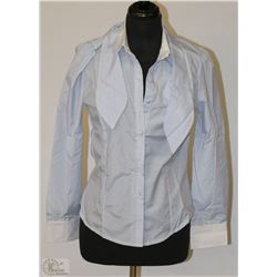 SIZE LARGE BLUE/ WHITE STRIPE BLOUSE WITH TIE