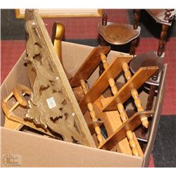 ESTATE BOX OF WOOD WALL HANGINGS AND SHELVES