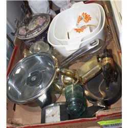 FLAT OF MISC ITEMS INCL ANTIQUE BELL, FIGURINES,