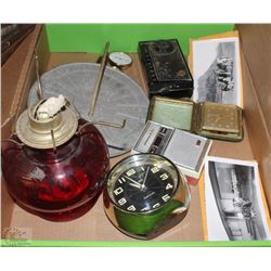 BOX OF ESTATE CLOCKS, RADIOS, LAMP, SUN DIAL, AND